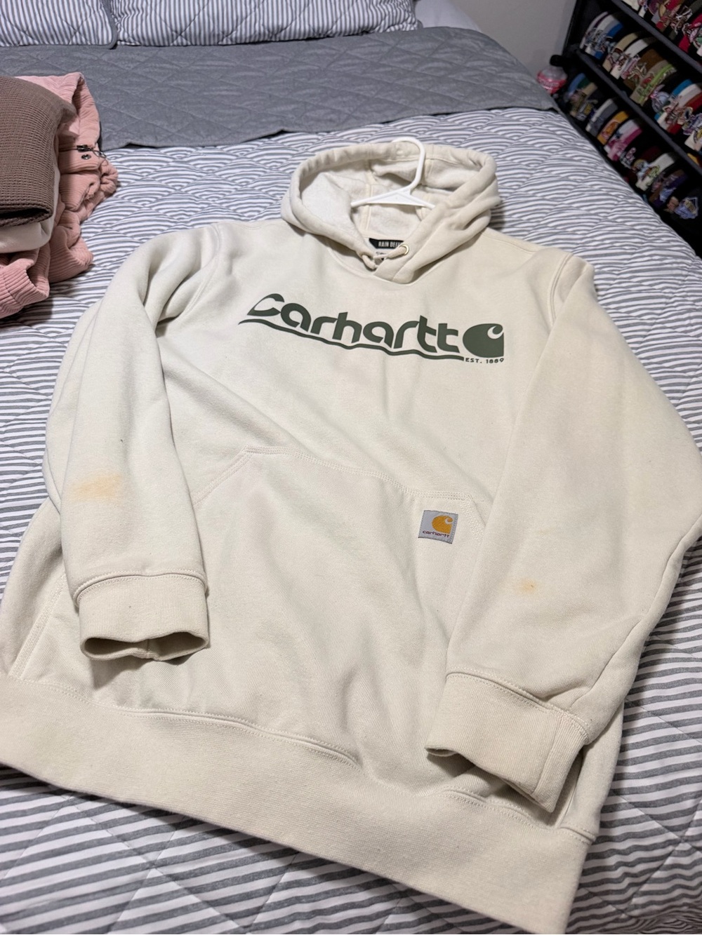 Carhartt Men’s Cream Crewneck Hoodie with Green Logo